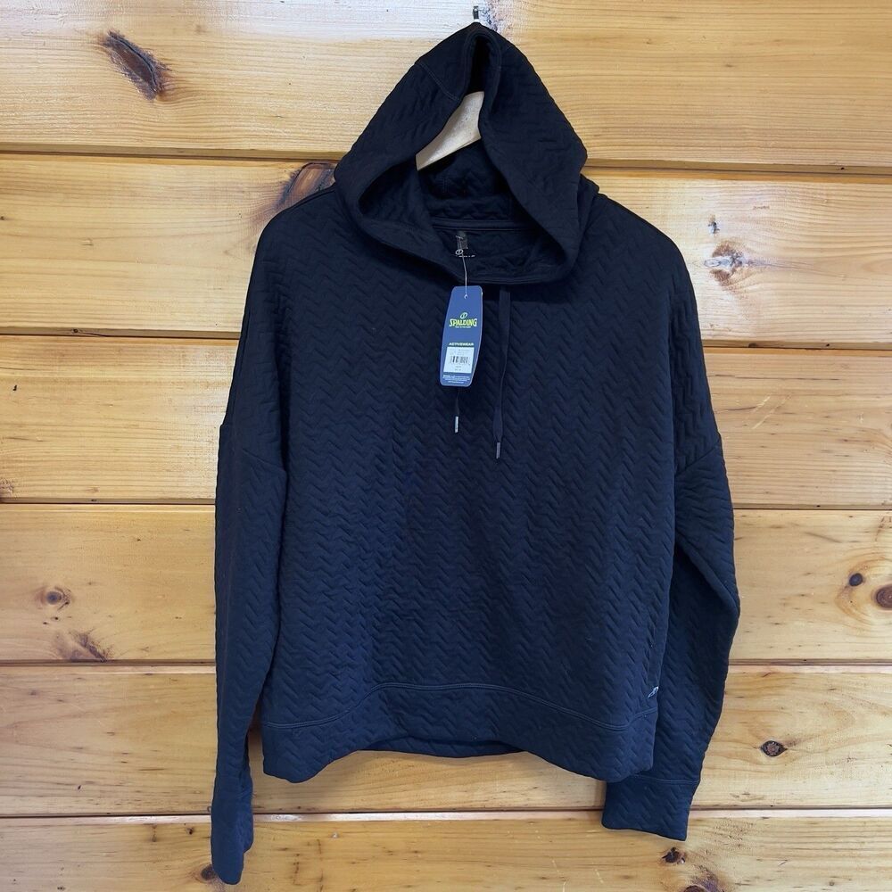 NWT Women's Spalding Chevron Quilted Yoga Hoodie Sweatshirt Black Size M